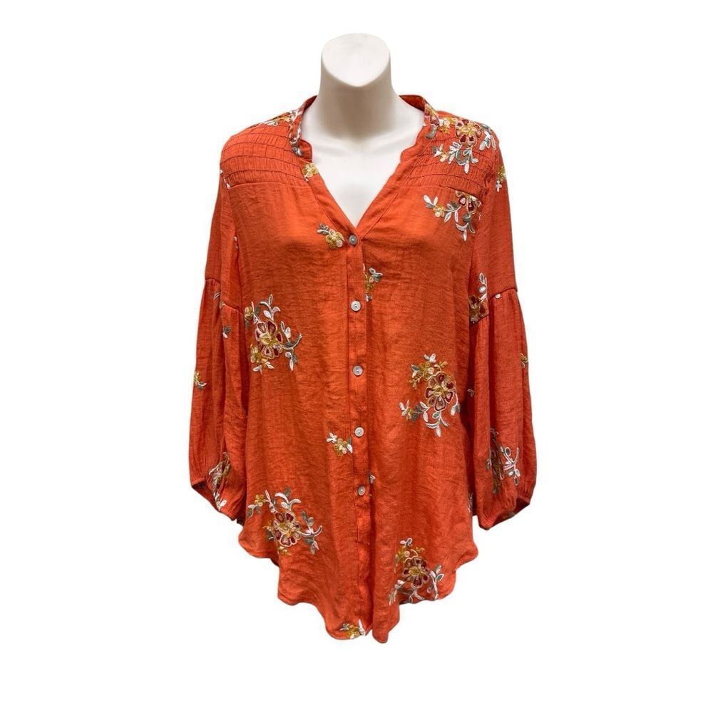 Fig & Flower Rust Orange Embroidered Boho Blouse Size Large